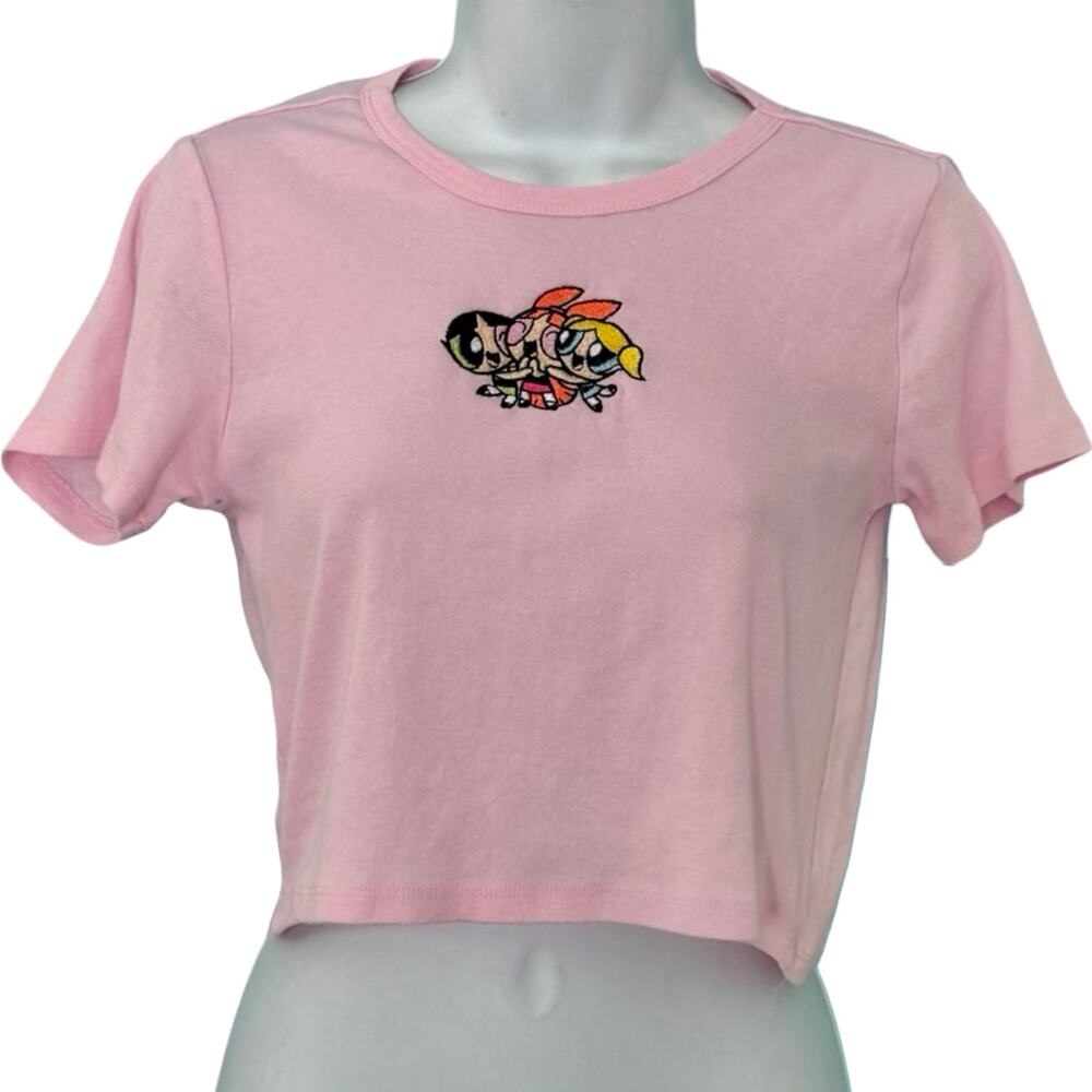 Powerpuff Girls Embroidered Cropped Baby Tee Pink Cartoon Network Size M